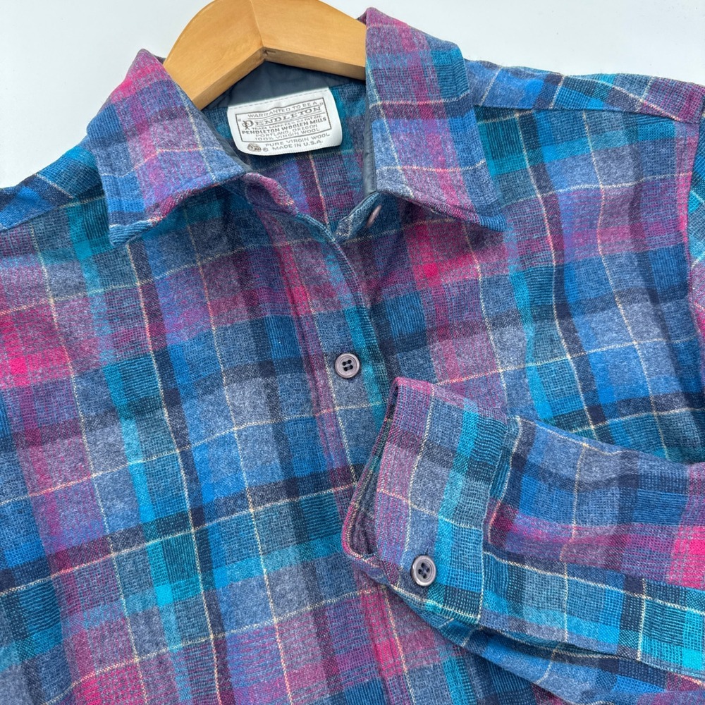 Pendleton Vintage Wool Plaid Button Down Shirt Blue Purple Pink USA Made